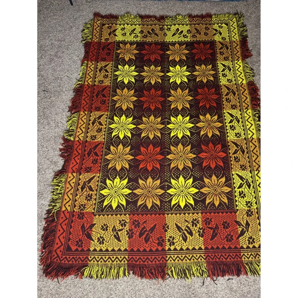 Vintage Polish Folk Wool Blanket Jacquard Floral Geometric Throw. Boho. Autumn.